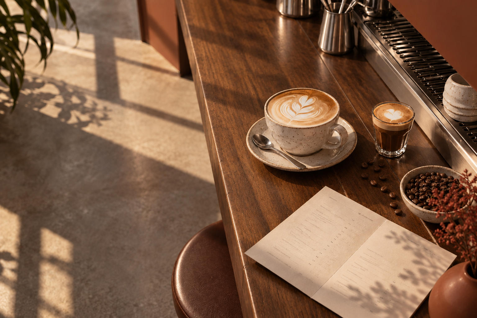 Latte and cortado on a warm walnut coffee bar