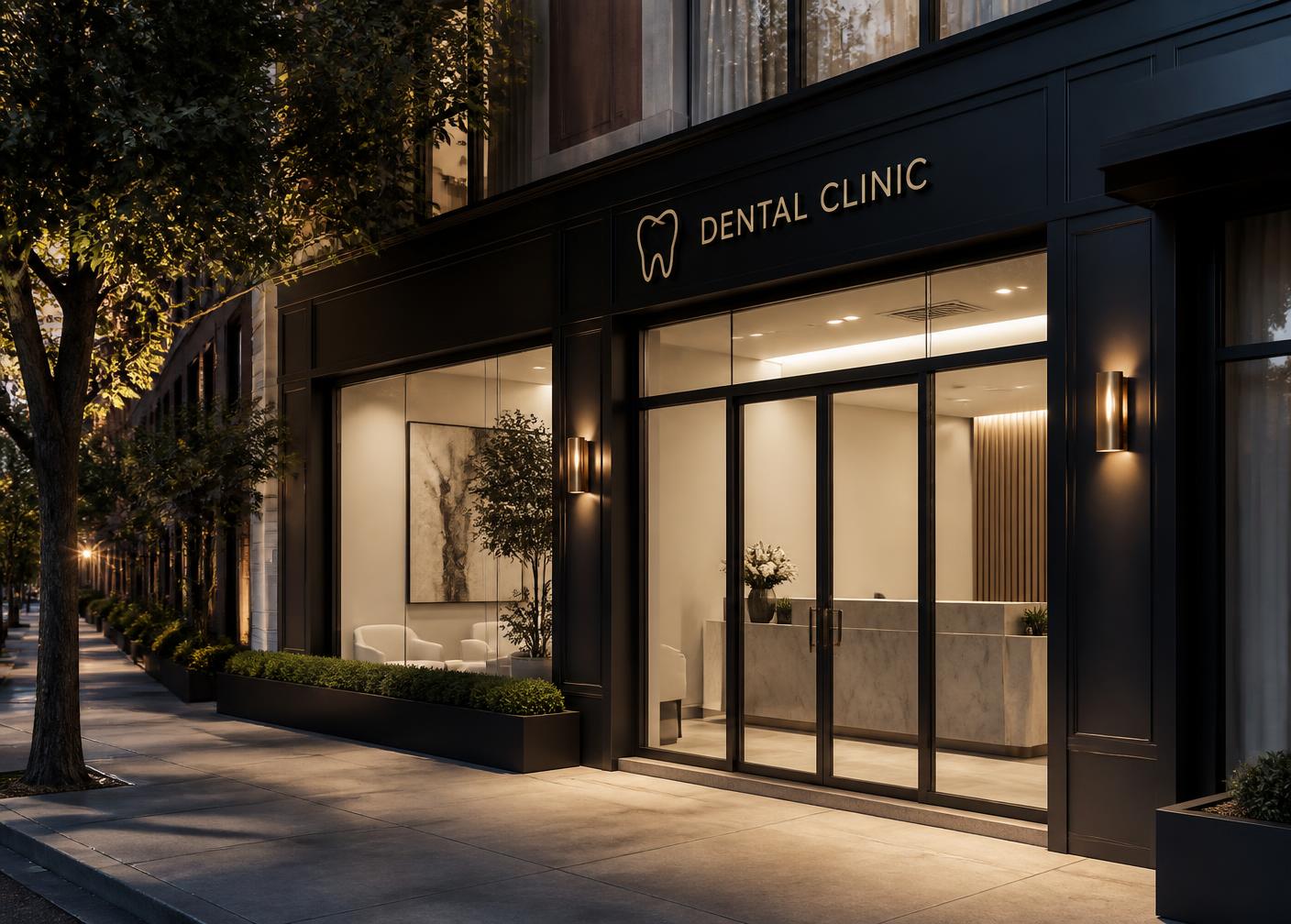 Alderwood Dental Studio entrance on a tree-lined street at dusk