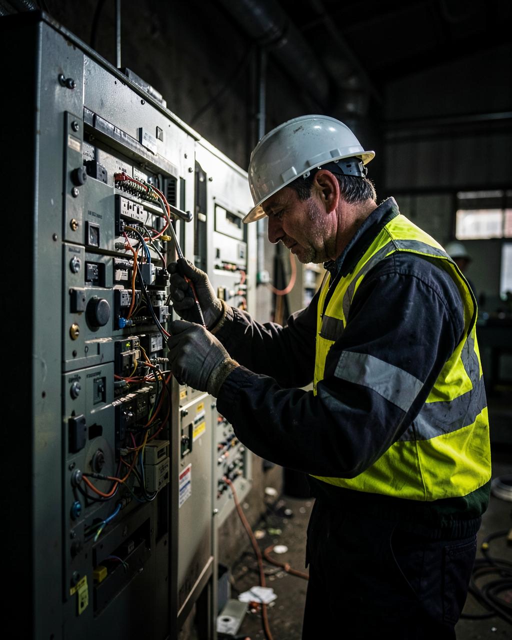Certified electrician working on an industrial breaker panel