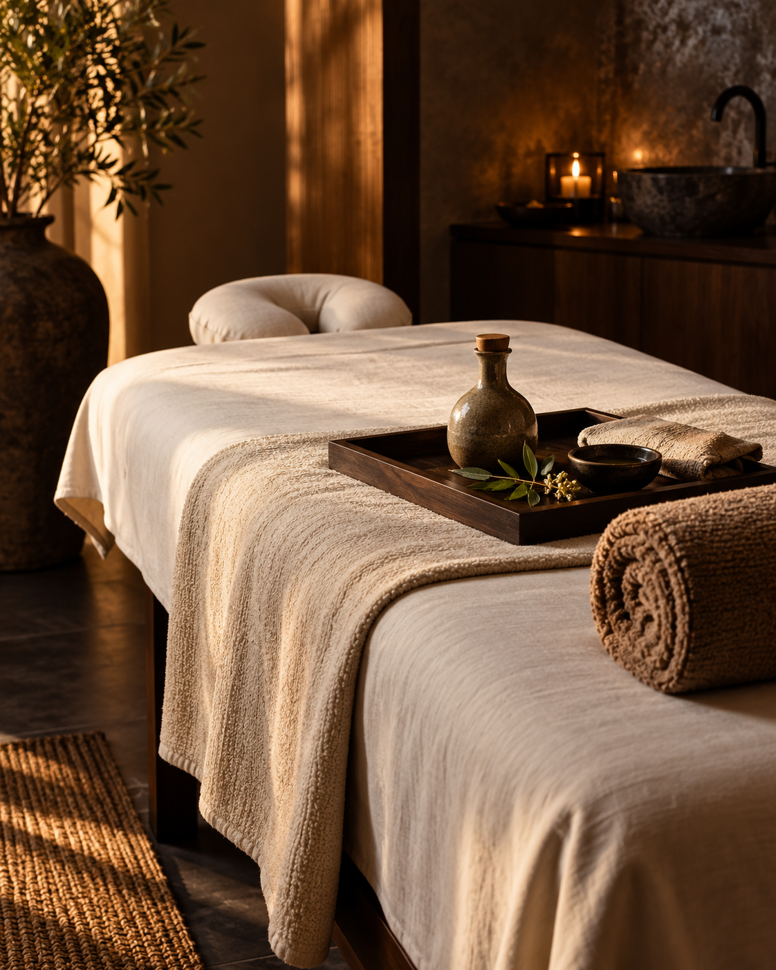 Stillhouse towels, ceramic oil vessel, and stones