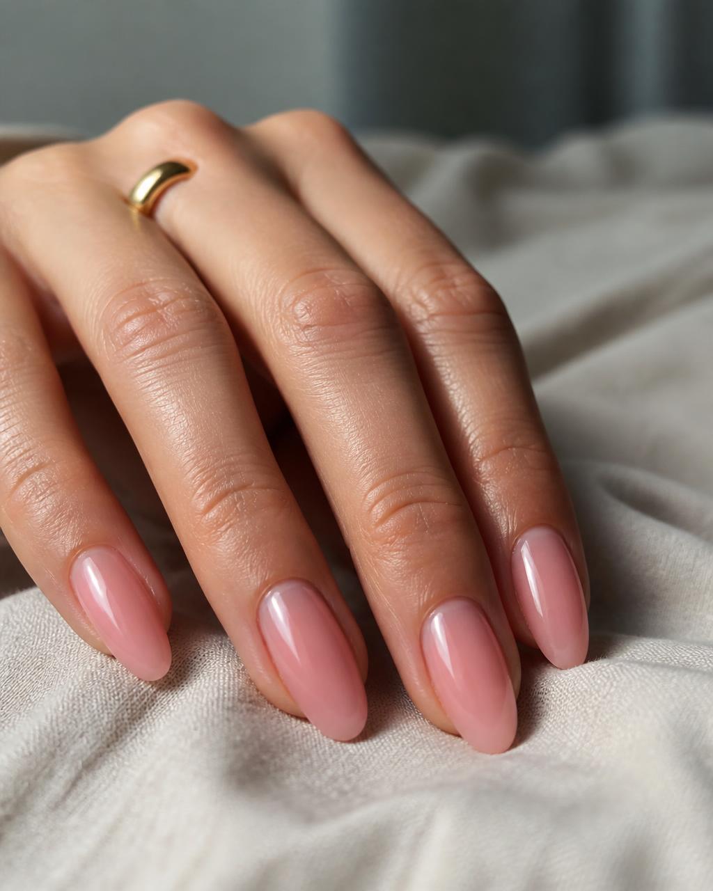 Glossy pink almond gel nails