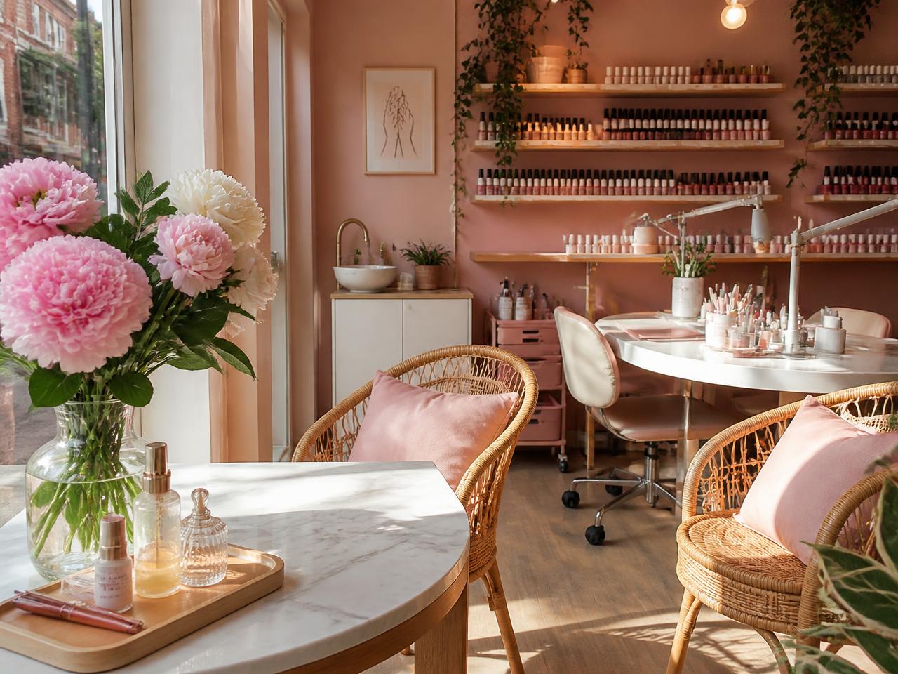 Blush pink nail salon interior