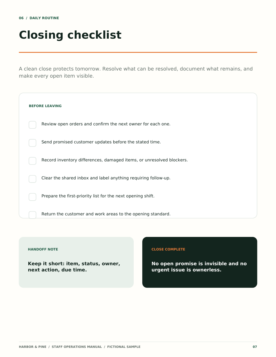 Manual page 07: Closing Checklist